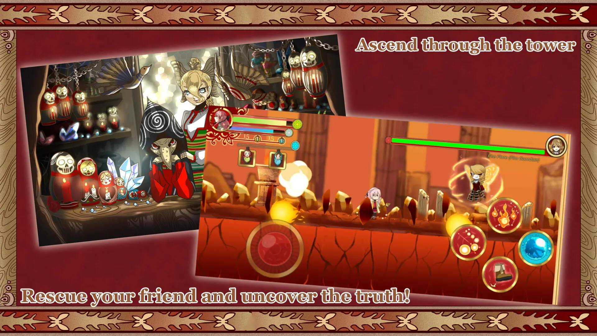 Battle and shop scenes from Tower of Guardian showing characters, items, and fiery combat environments.
