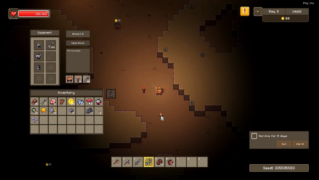 Hidden Treasures Cryptfall gameplay showing character inventory and equipment screen while exploring underground caves.
