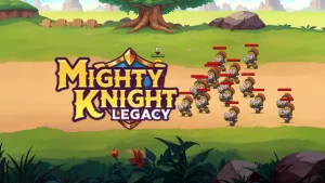 Title screen of Mighty Knight Legacy featuring the logo and a wave of enemy soldiers approaching.