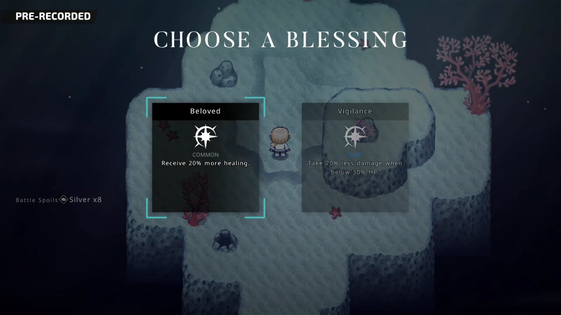 Oceanic Settings Screenshot from Crownless Abyss showing the player choosing a blessing between “Beloved” and “Vigilance” in an underwater cave setting.