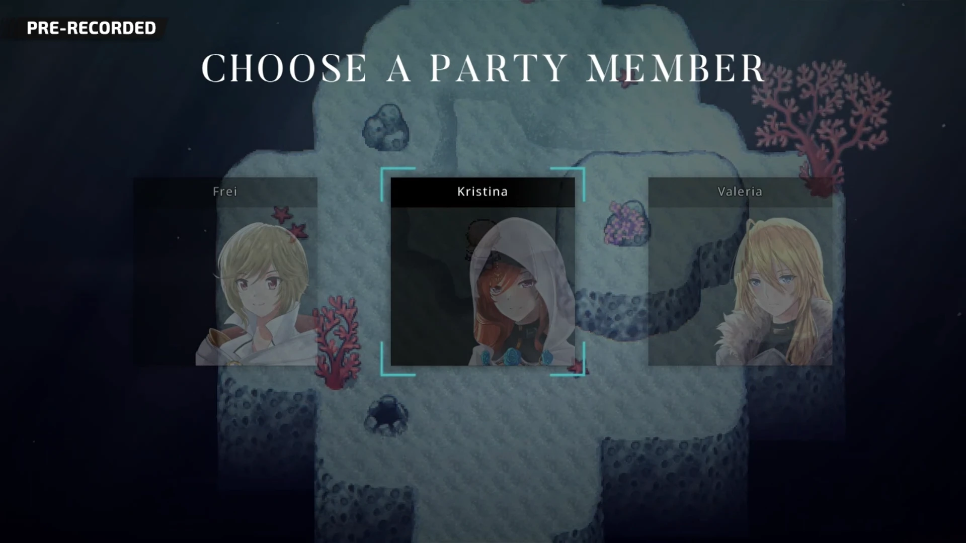 Party Bonds Character selection screen from Crownless Abyss featuring Frei, Kristina, and Valeria, displayed in a coral-filled underwater area.