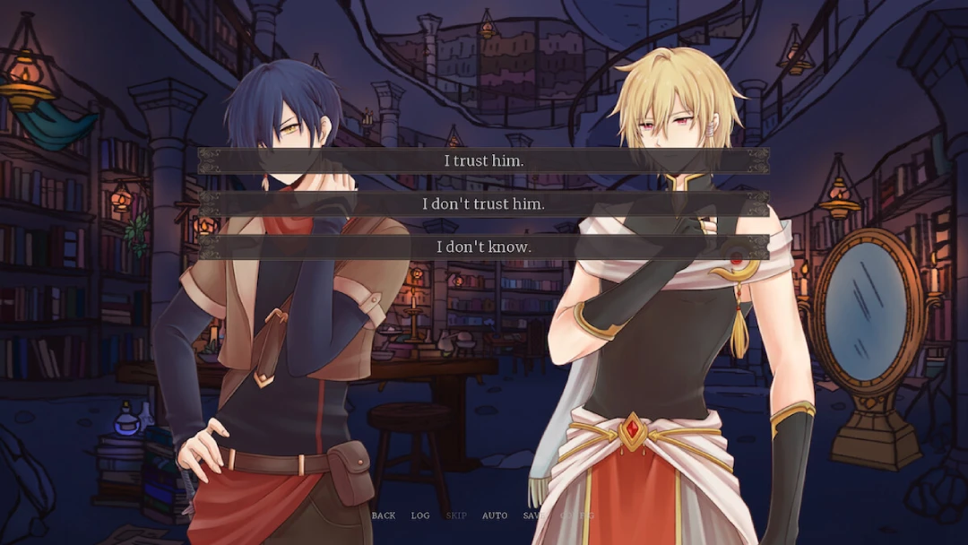 Routes of Destiny Choice menu scene in Of Frost and Flowers showing Alto and Sol with three selectable dialogue options.