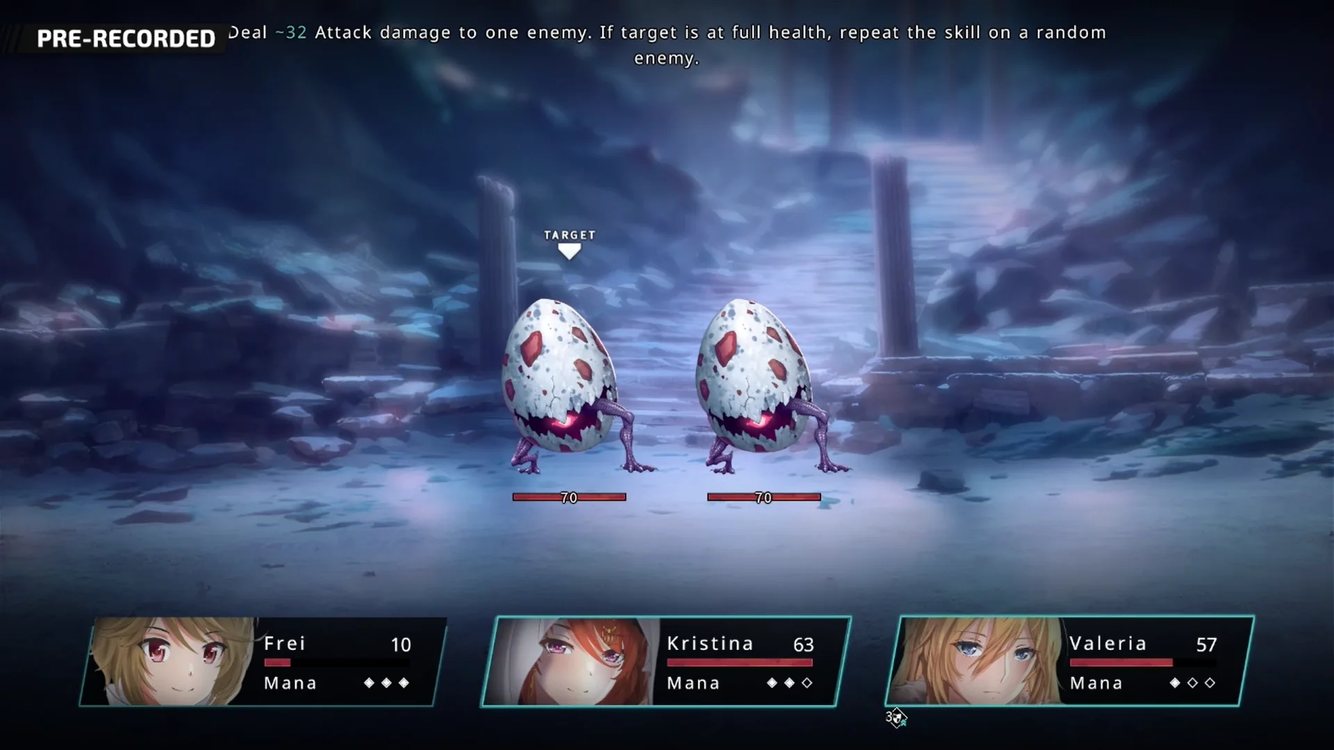 Run After Run In-game battle scene from Crownless Abyss showing two egg-like monsters and a turn-based combat interface with characters Frei, Kristina, and Valeria.
