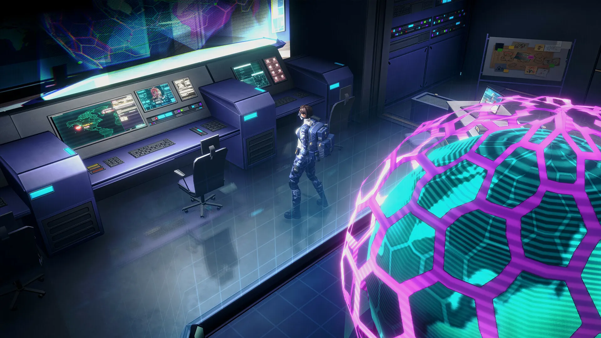 Secret Societies A character activates a defensive energy shield while facing a large mechanical boss firing multiple glowing projectiles in RIFTSTORM.