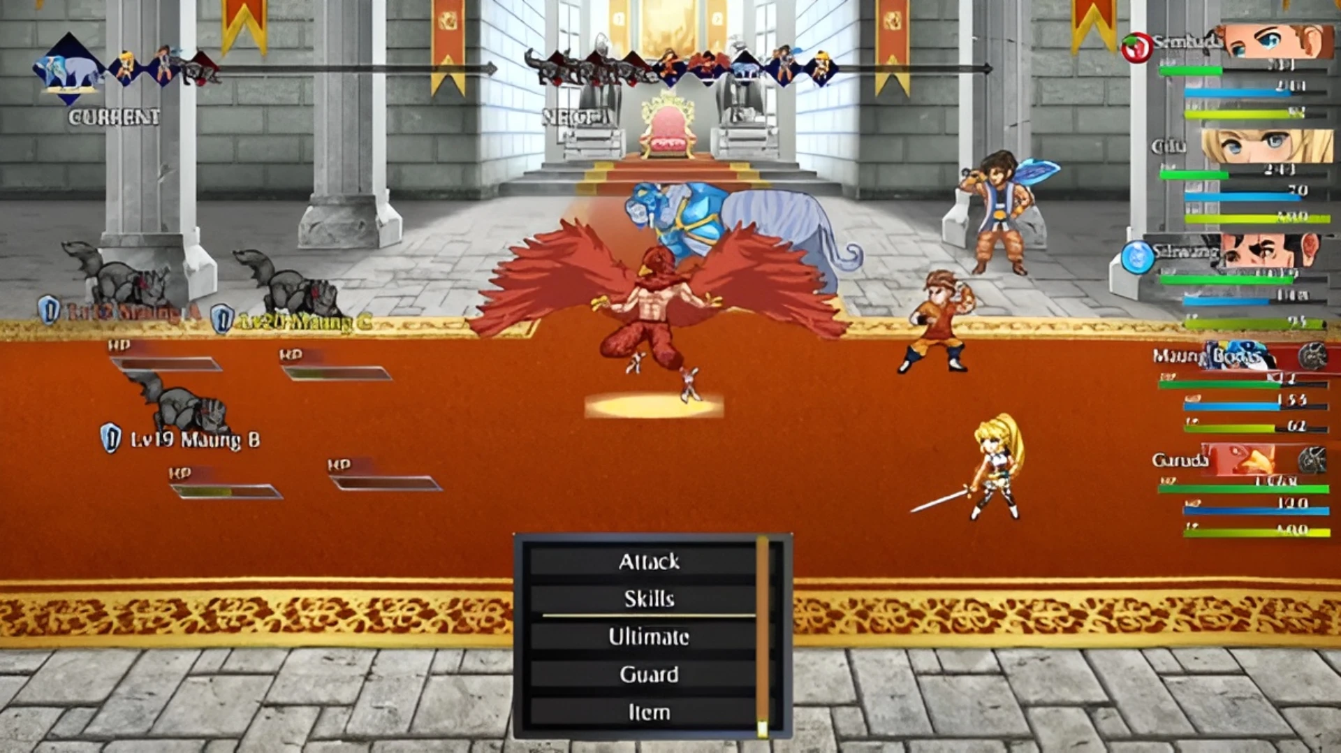Strategic battles Turn-based combat scene in Legends of Crystal featuring multiple characters and monsters in a royal hall, displaying attack options and health bars.