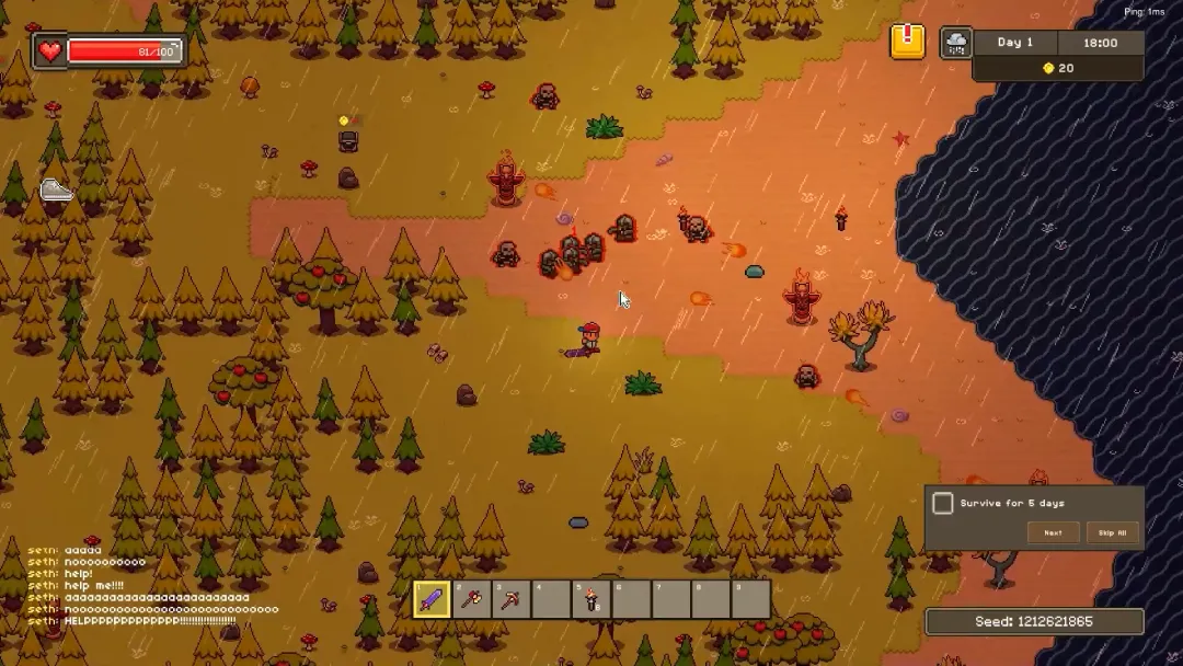 Style That Stands Cryptfall forest gameplay with pixel art style during rainy weather, featuring enemies and scattered loot.