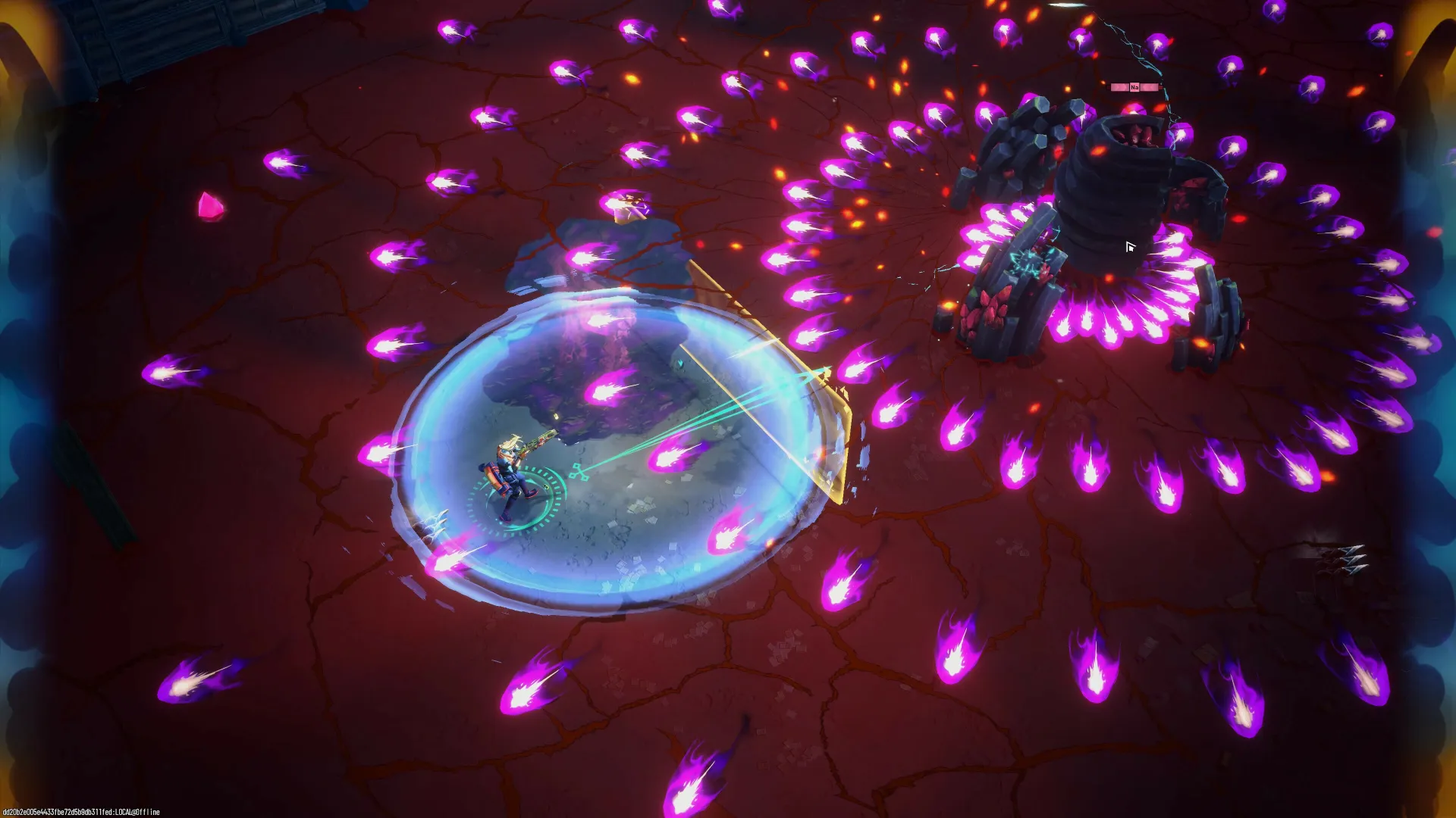 Style and Atmosphere Multiple players battle waves of enemies using abilities and energy shields in a glowing, futuristic battlefield in RIFTSTORM.