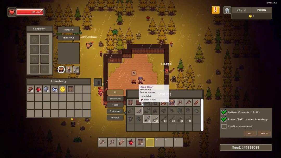 Survive Together gameplay screenshot of Cryptfall showing the inventory system, character equipment, and crafting menu in a survival setting with pixel art visuals.