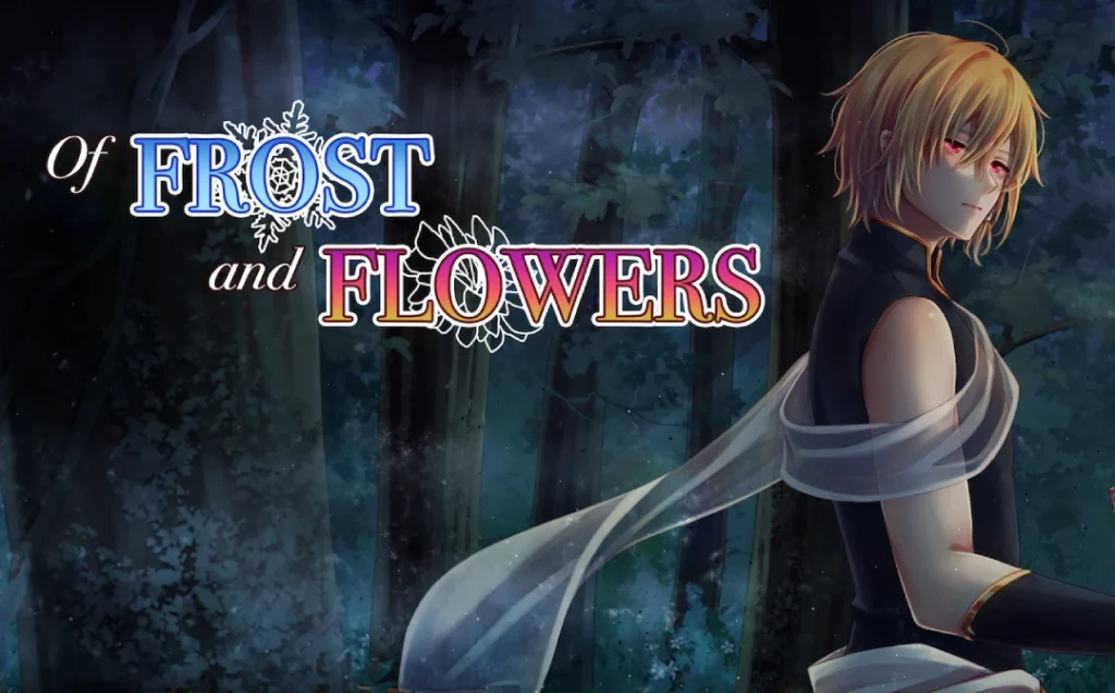 Title screen of Of Frost and Flowers featuring a blonde-haired character standing in a dark forest with the game logo.