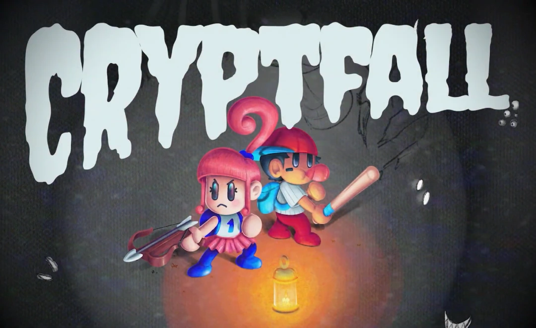 Official thumbnail art for Cryptfall featuring two characters, a girl with a crossbow and a boy with a bat, standing together in a dark crypt illuminated by a lantern.