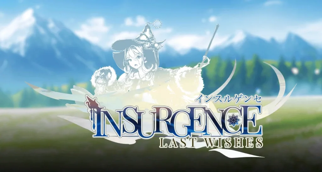 Official title screen of Insurgence Last Wishes with logo over a mountain backdrop and character illustration.