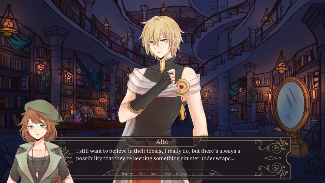 Visual experience Dialogue scene from Of Frost and Flowers showing Alto and another character talking in a detailed library background.