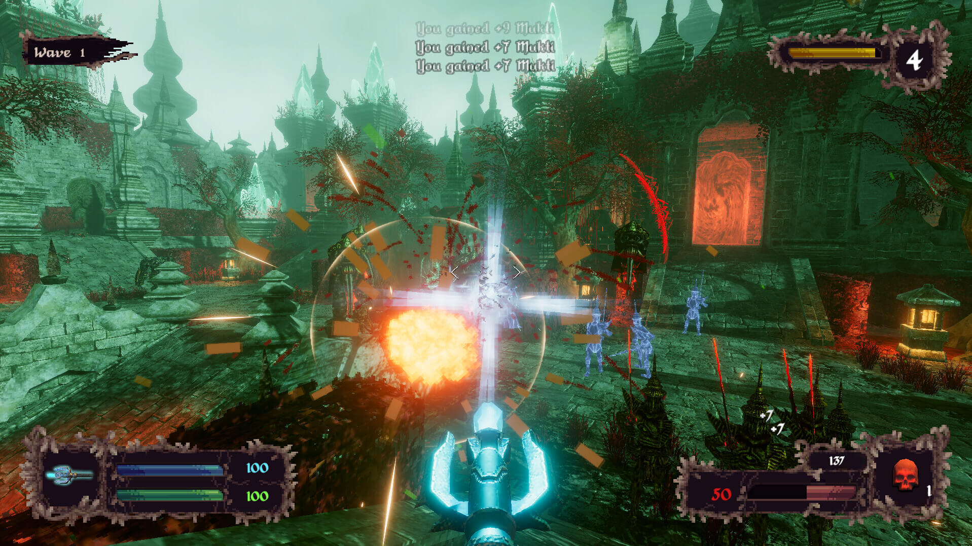 arena brutal dan mistis karakter melawan gelombang monster di arena bercahaya api