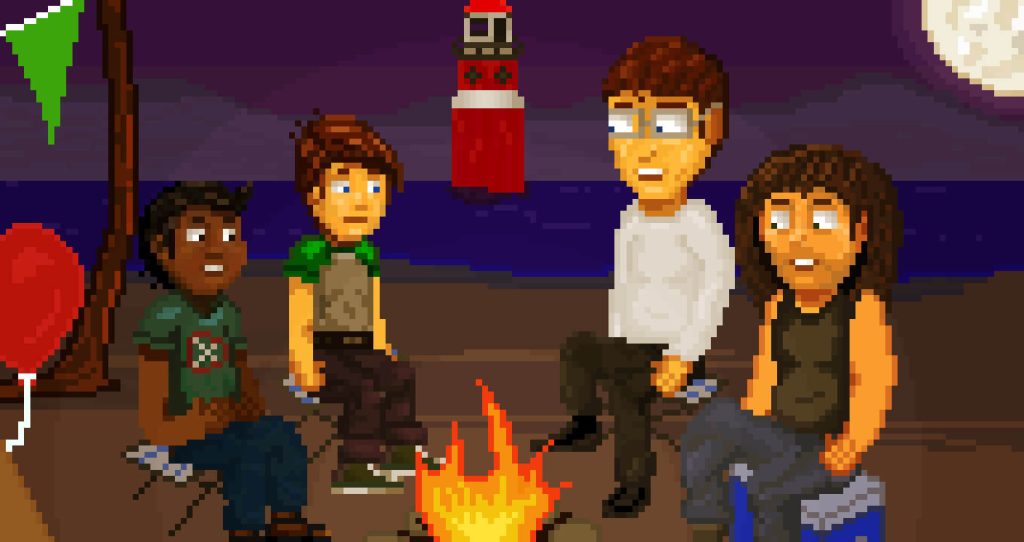 dua anak kecil bersiap berpetualang mencari harta karun dengan gaya pixel art retro