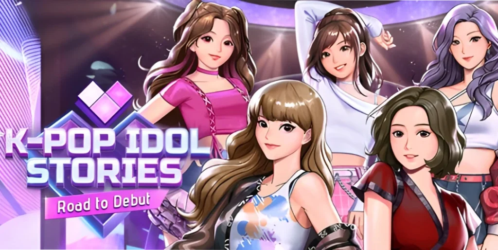 Promotional image showing five female K-pop trainees posing confidently for the game K-Pop Idol Stories Road to Debut.