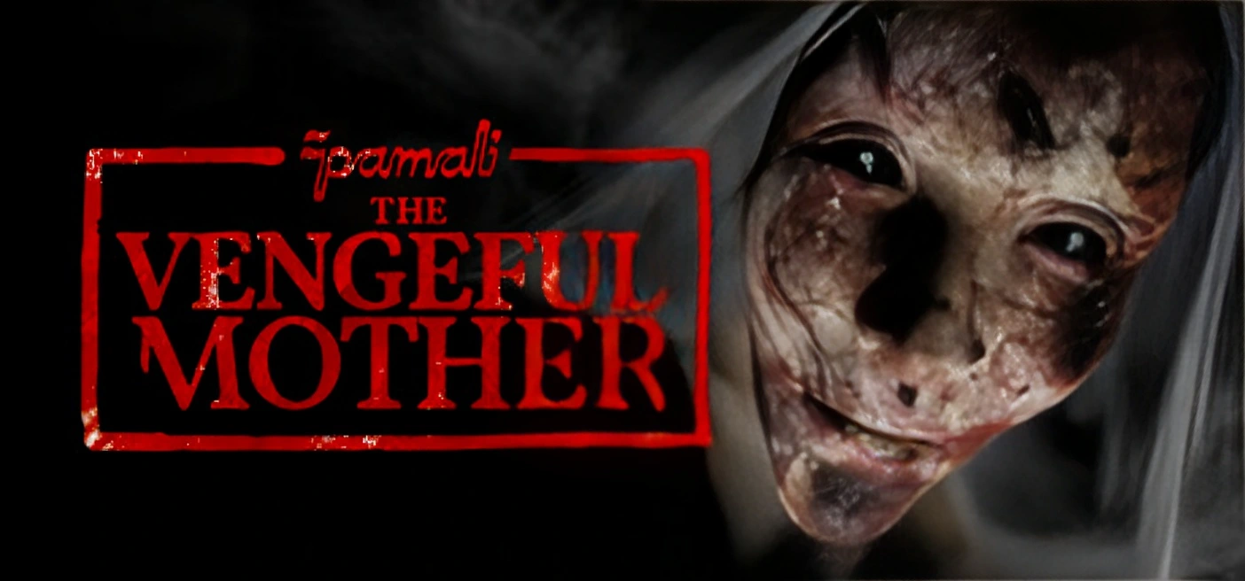 A close-up of a ghostly, disfigured face with hollow eyes, beside the game title “Pamali: The Vengeful Mother” in bold red letters.
