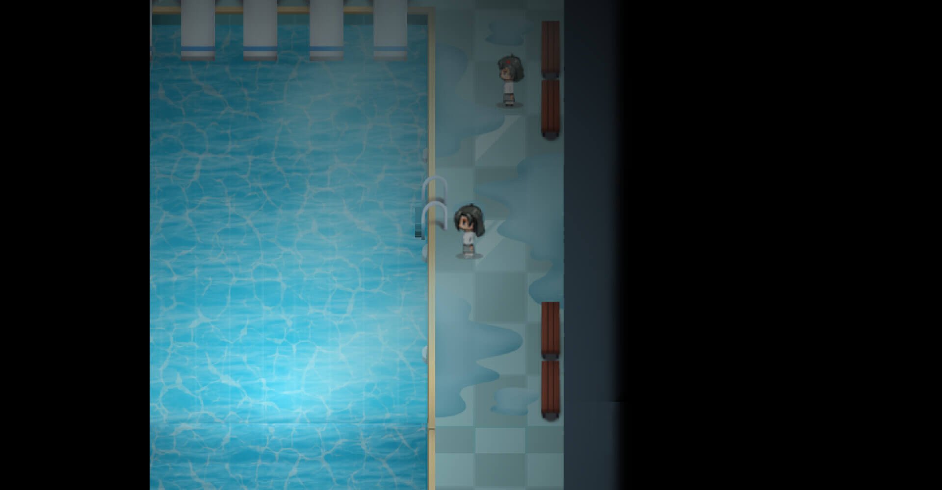 Gaya pixel art klasik dengan pencahayaan gelap yang menambah kesan tegang dan dramatis