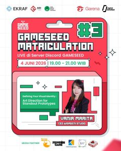 Poster GAMESEED Matriculation Session #3 tentang art direction dan visual identity untuk pengembangan game