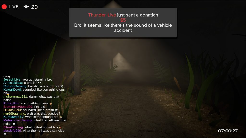 First-person exploration inside a dark abandoned building in Streamchat Horror Live.