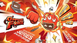 Poster GameDev Forge Roadshow Series di SMK Telkom Makassar.