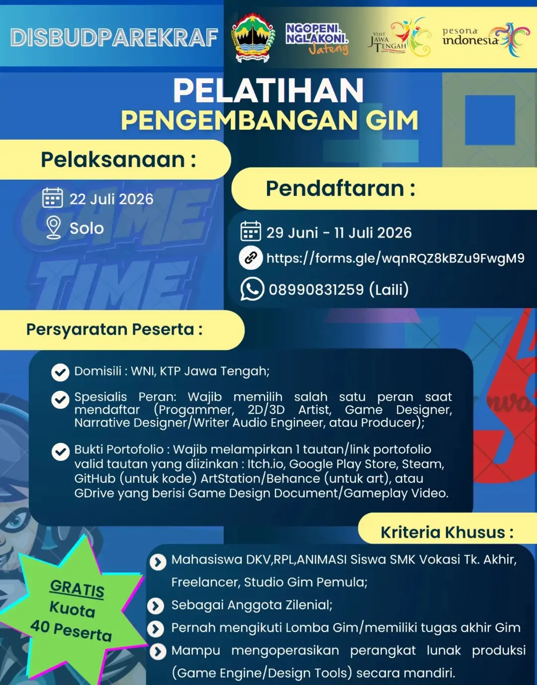 Poster Pelatihan Pengembangan Gim Jawa Tengah 2026.