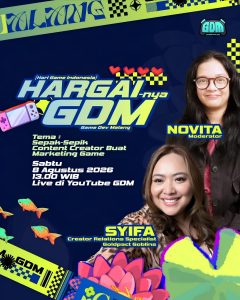 Poster HARGAI-nya GDM 2026 tentang strategi outreach content creator untuk marketing game.