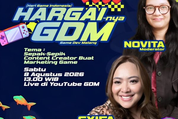 Poster HARGAI-nya GDM 2026 tentang strategi outreach content creator untuk marketing game.