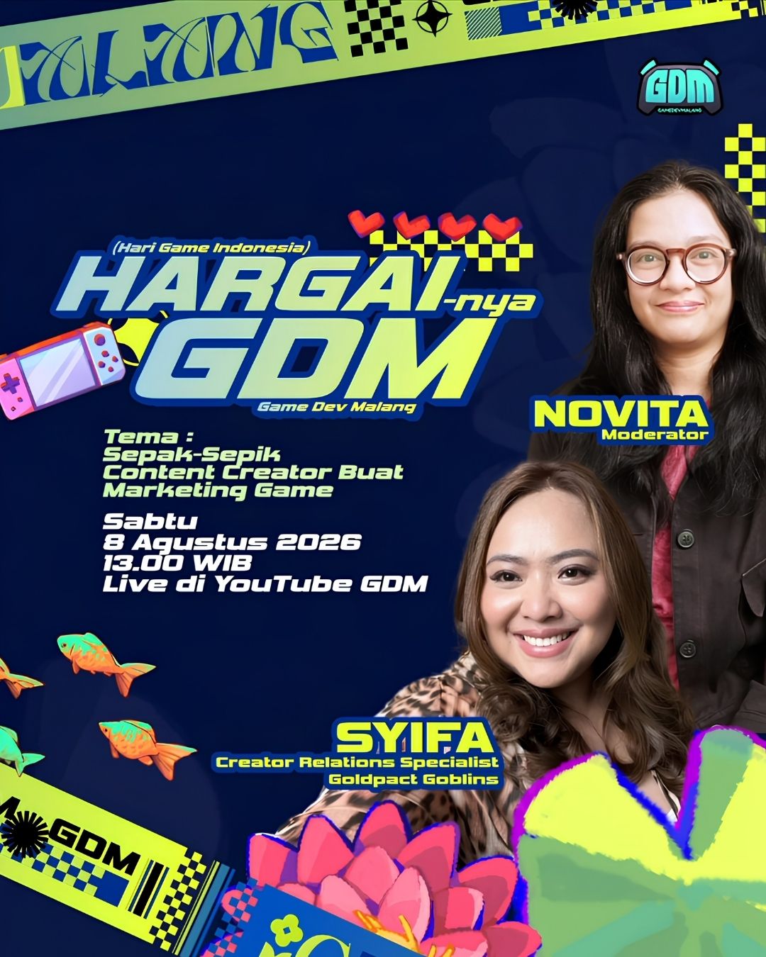Poster HARGAI-nya GDM 2026 tentang strategi outreach content creator untuk marketing game.