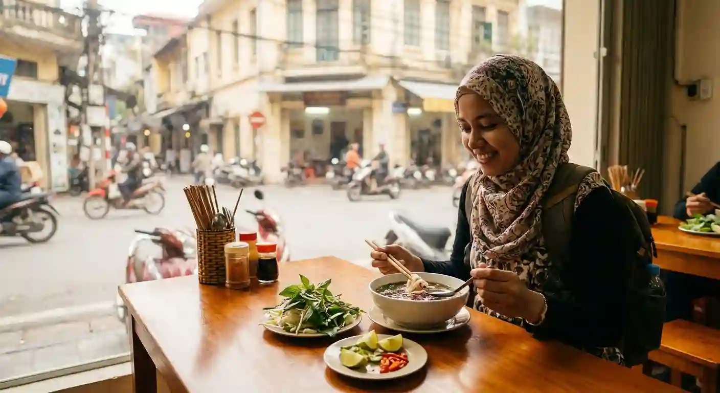 Suasana restoran ramah muslim di Hanoi dengan pilihan makanan halal yang semakin mudah ditemukan oleh wisatawan.