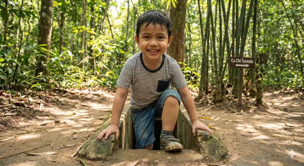 Anak sedang mencoba masuk terowongan dalam paket Cu Chi Tunnels tour