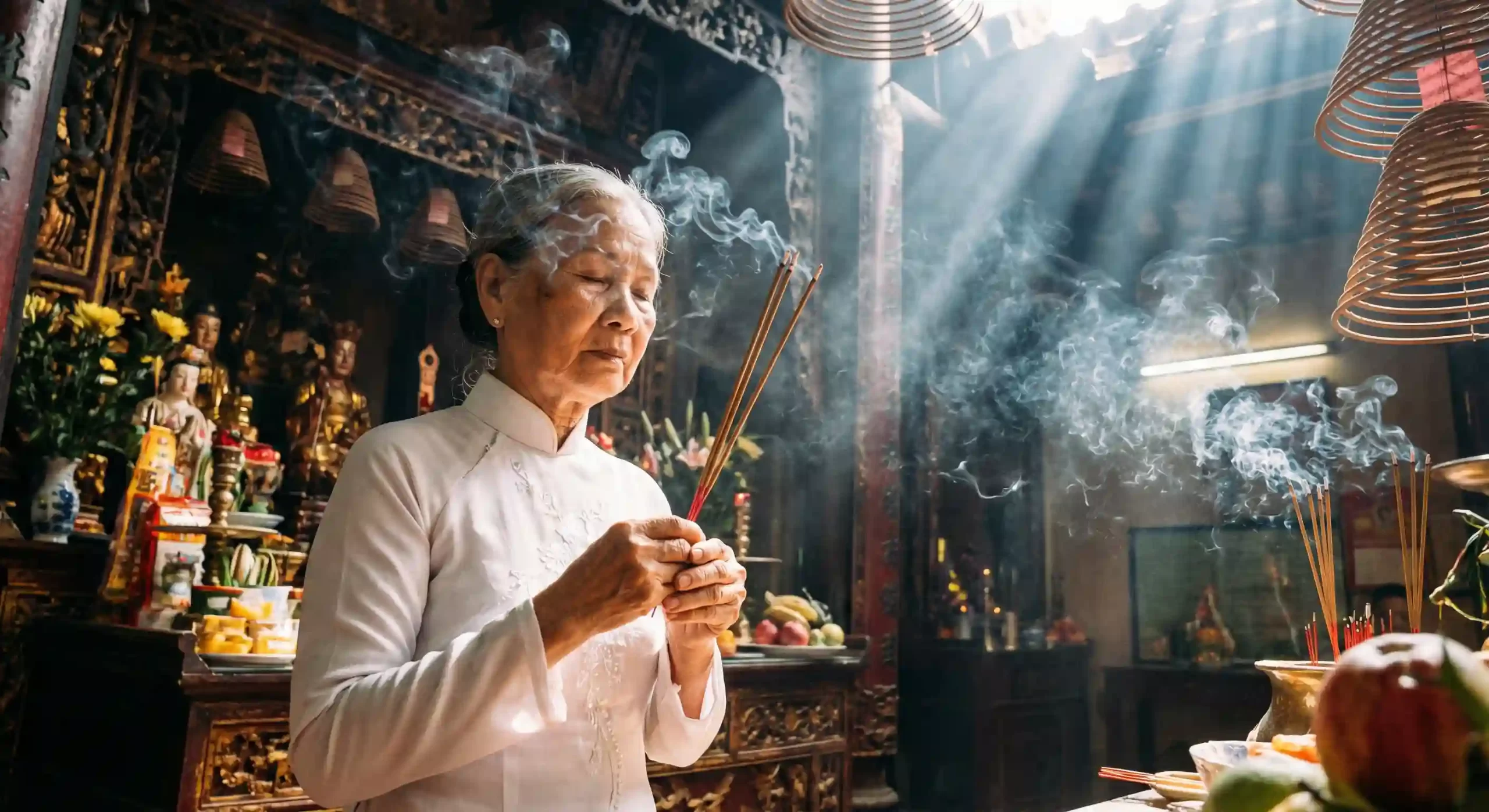 Suasana khidmat saat berdoa di pagoda pada hari festival budaya Vietnam.
