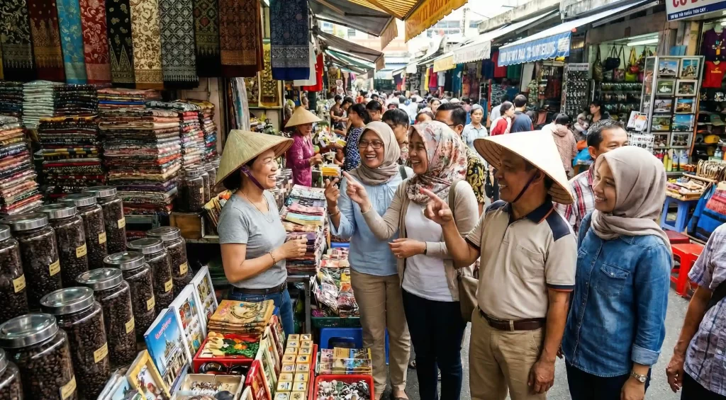 Suasana ramai di Pasar Ben Thanh, ikon wisata belanja Vietnam yang wajib dikunjungi.