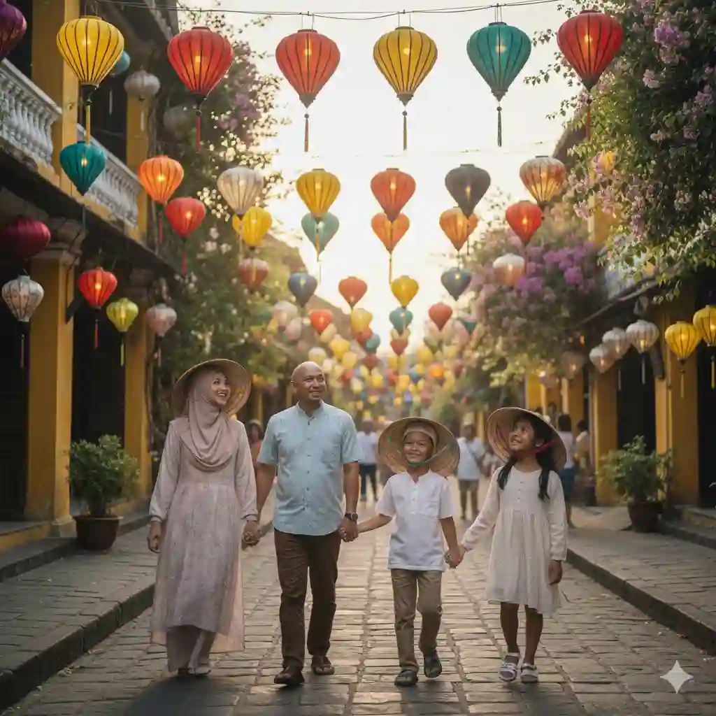 Keluarga bahagia liburan wisata edukasi Vietnam di kota tua Hoi An dengan lampion warna-warni.