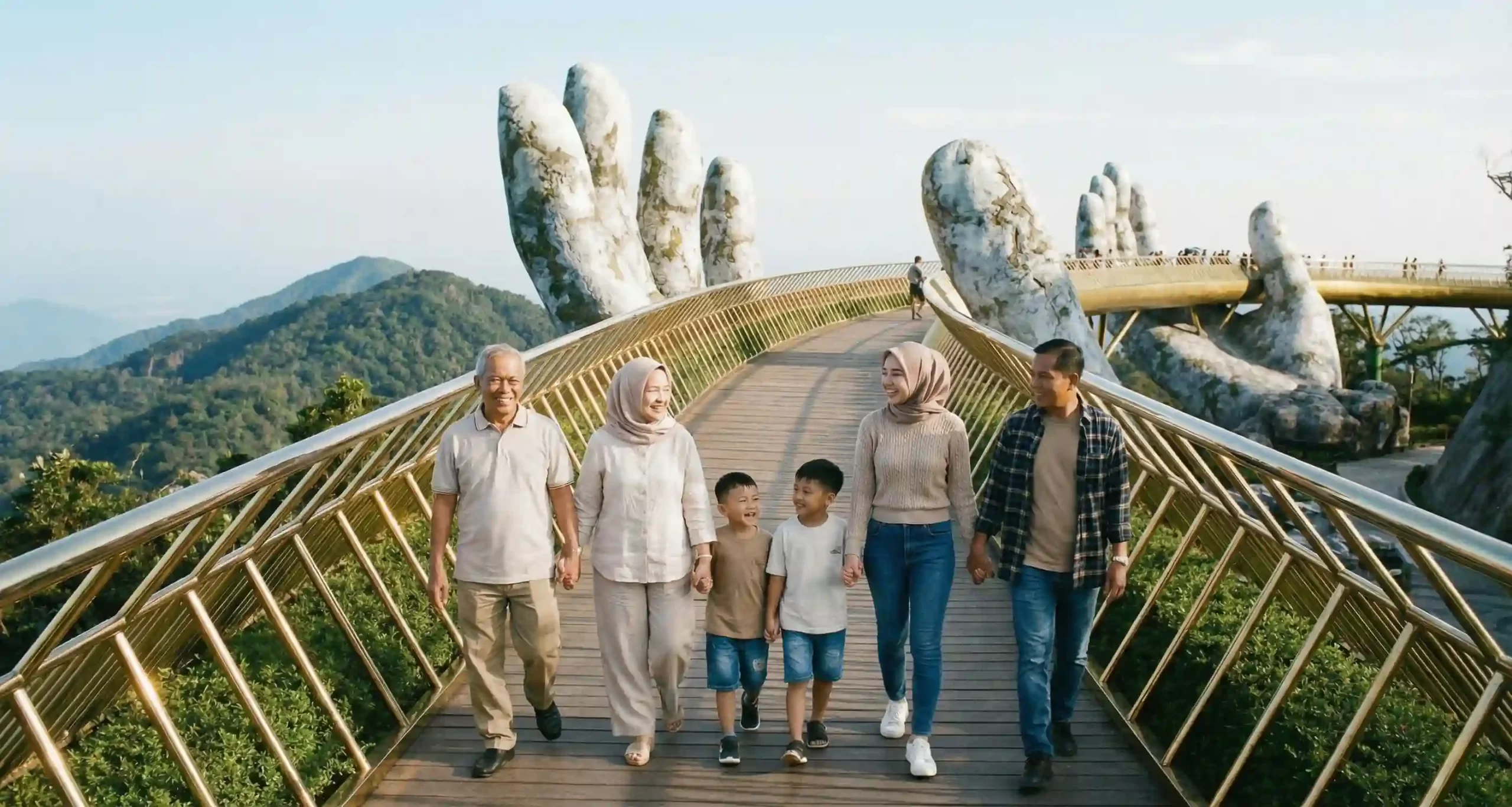 Keluarga Indonesia menikmati paket open trip Vietnam di Golden Bridge Ba Na Hills.