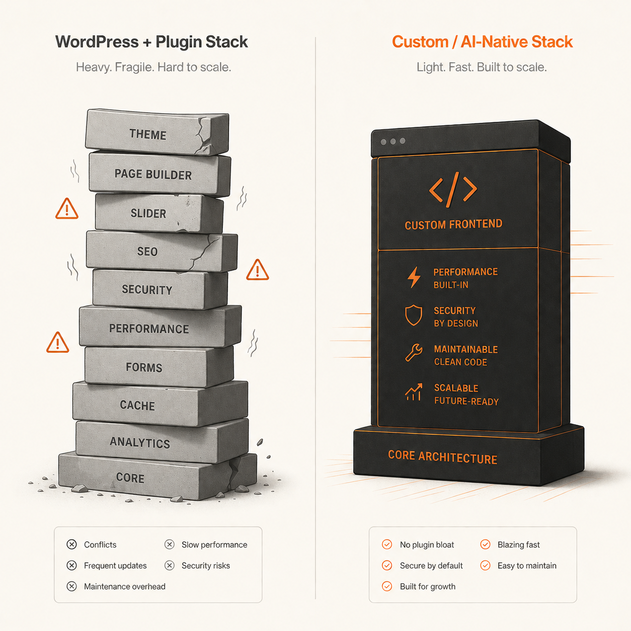 Ilustrasi perbandingan WordPress dengan AI plugin versus custom website dengan integrasi AI