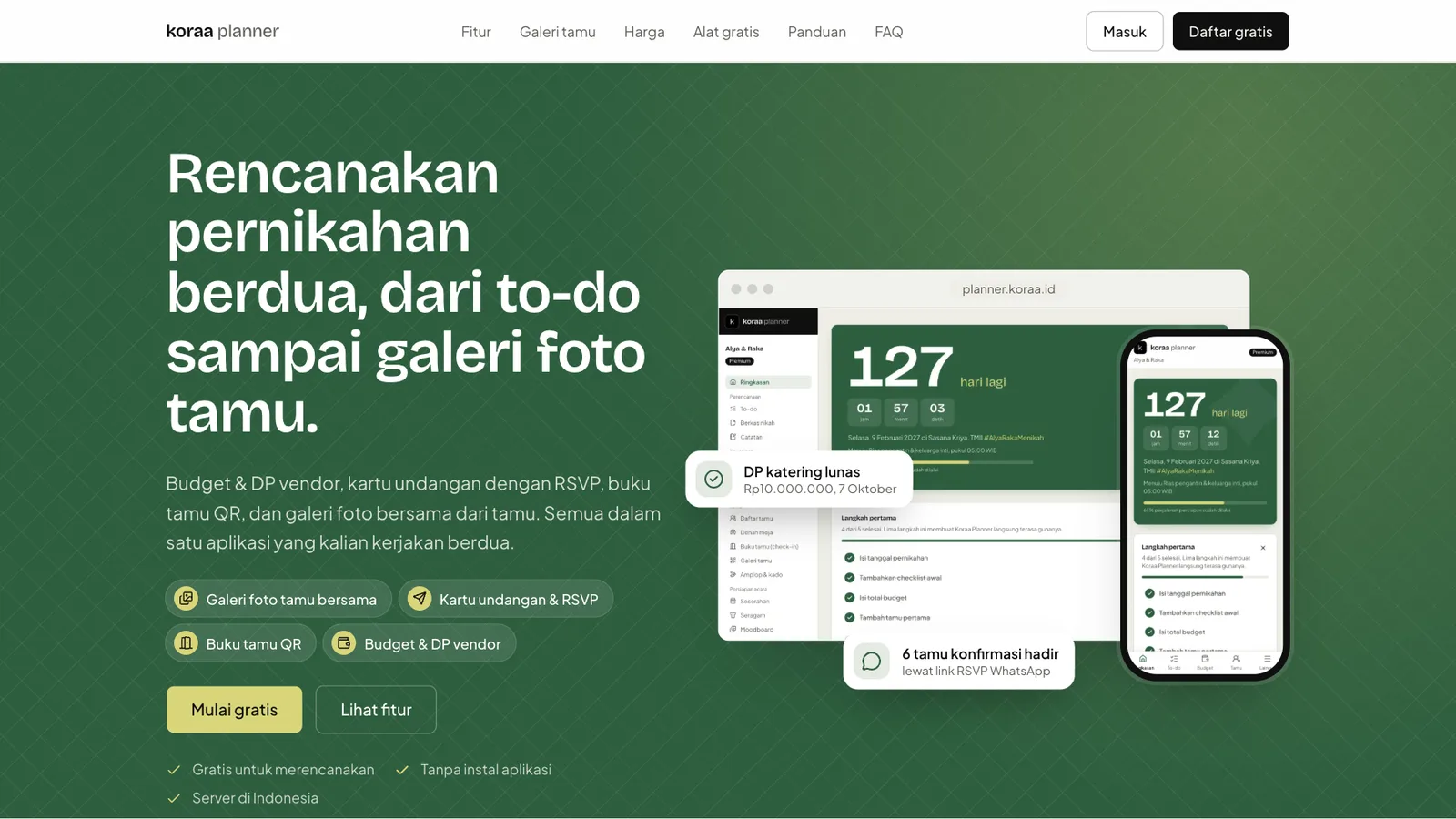 Tampilan Koraa Planner — aplikasi perencana pernikahan dengan budget, tamu, dan hitung mundur hari H