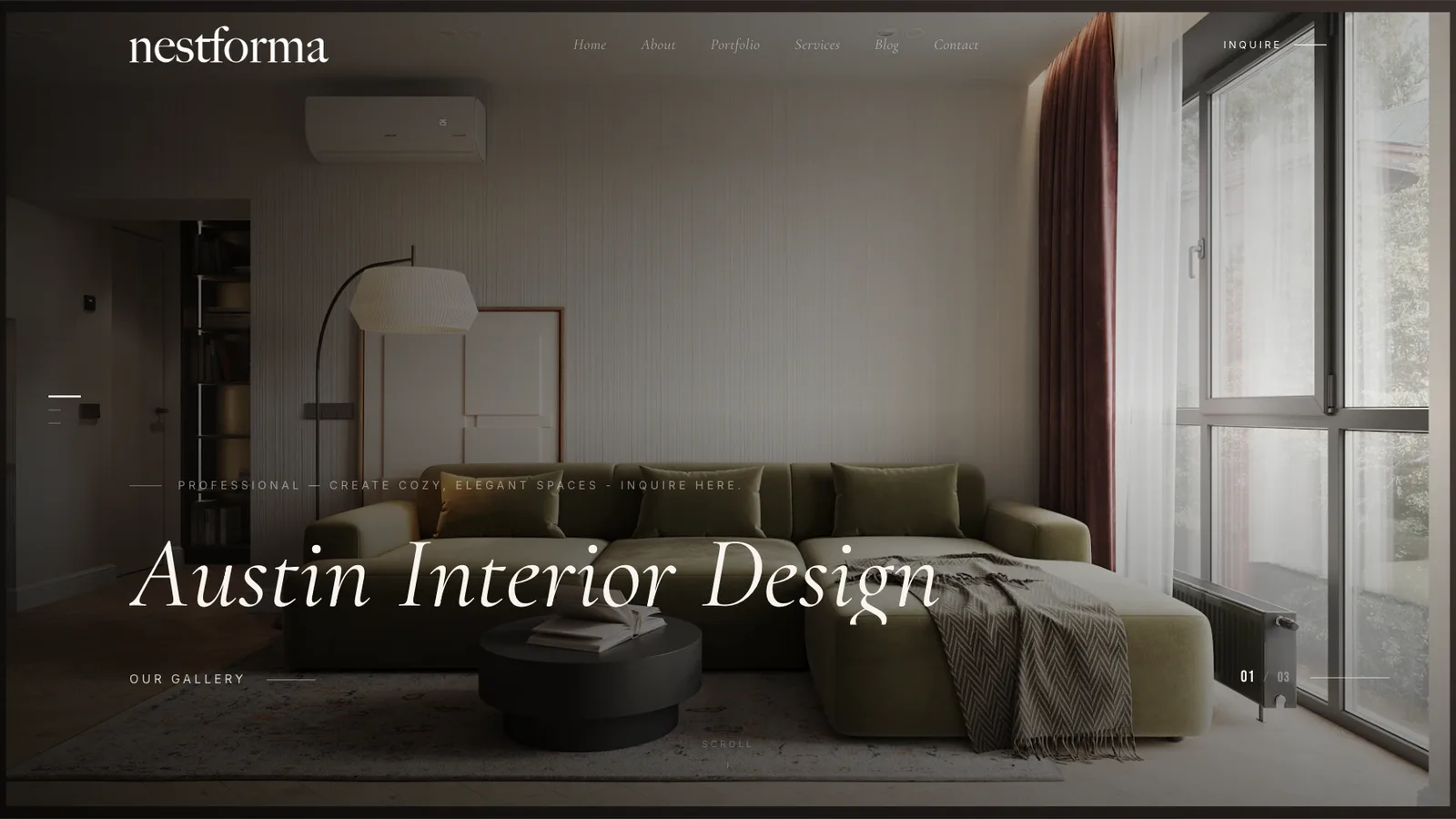 Tampilan website Nestforma Interior — website desain interior luxury dengan portfolio proyek dan blog dinamis