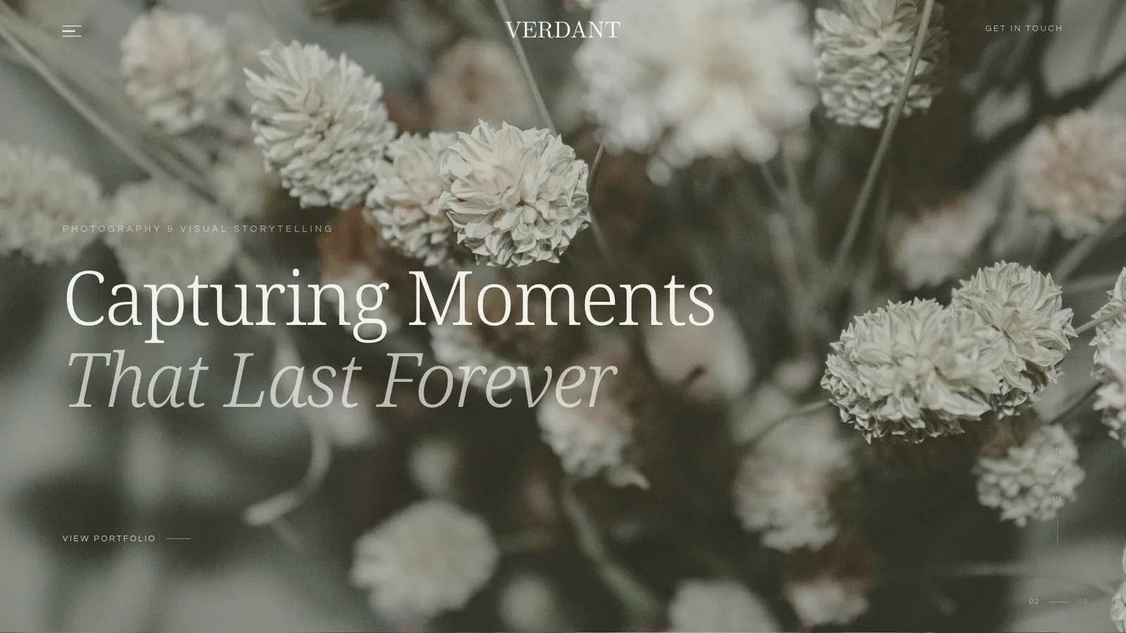 Tampilan website Verdant Photography — website fotografer profesional dengan galeri dinamis dan halaman layanan