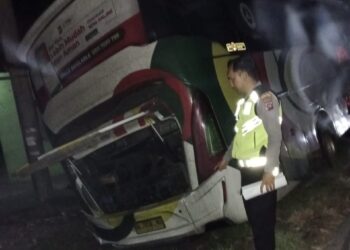 Hilang Kendali di Tikungan Singkarak, Bus NPM Tabrak Tiang Listrik, Empat Penumpang Terluka