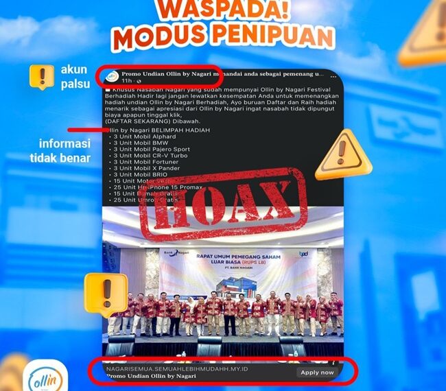 Bank Nagari Imbau Nasabah Waspadai Akun Palsu Bermodus Undian Berhadiah