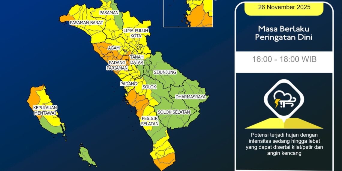 Peringatan Dini Cuaca Sumbar 26 November 2025: Hujan Lebat Disertai Petir dan Angin Kencang Berpotensi Meluas Hingga Sore