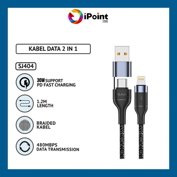 USAMS Kabel 2 In 1 USB A / Type C to Lightning FAST Charging 30W 1.2 M
