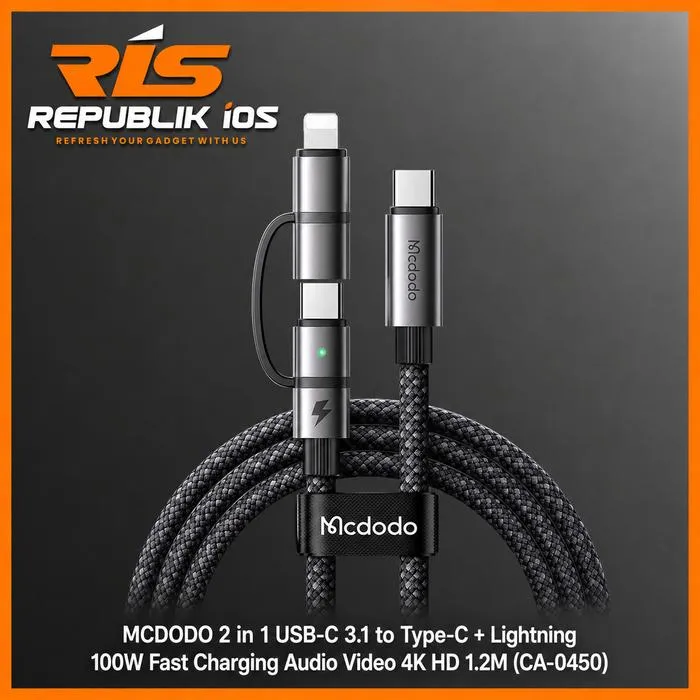 MCDODO Cable 2 in 1 USB Type-C 3.1 to Type-C 3.1 + Lightning 100W Fast Charging Audio Video 4K HD 1.2M