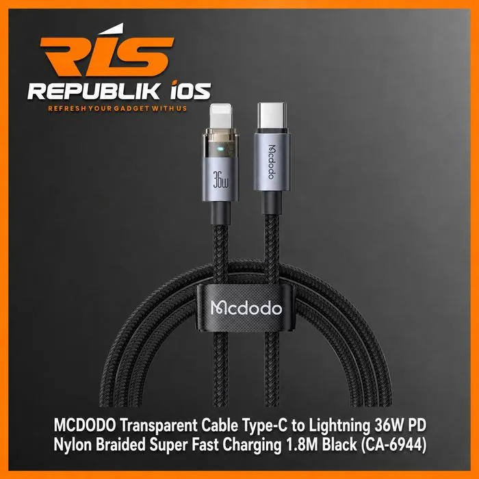 MCDODO Transparent Cable Type-C to Lightning 36W PD Nylon Braided Super Fast Charging 1.8M Black