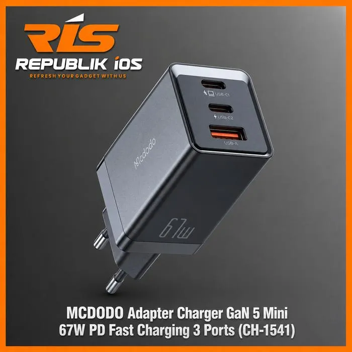 MCDODO Adapter Charger GaN 5 Mini 67W PD Fast Charging 3 Ports Black