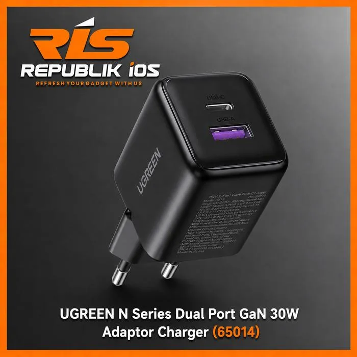 UGREEN Kepala Charger 2-Port Type C + USB A SuperFast Charging 30W GaN N Series PD QC Black