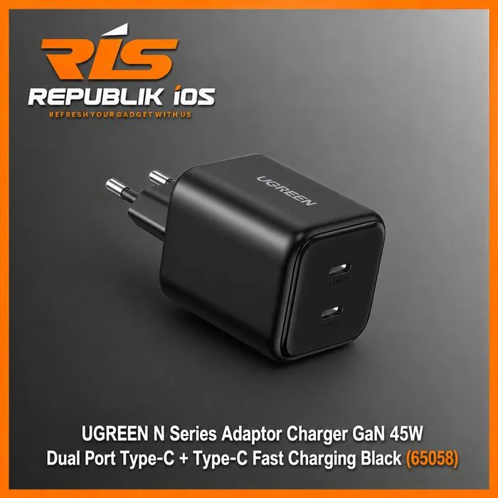 UGREEN N Series Adaptor Charger GaN 45W Dual Port Type-C + Type-C Fast Charging Black