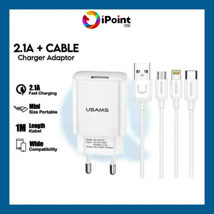 USAMS Charger USB 2.1 A With 3 in 1 Cable Micro+Type C+lightning
