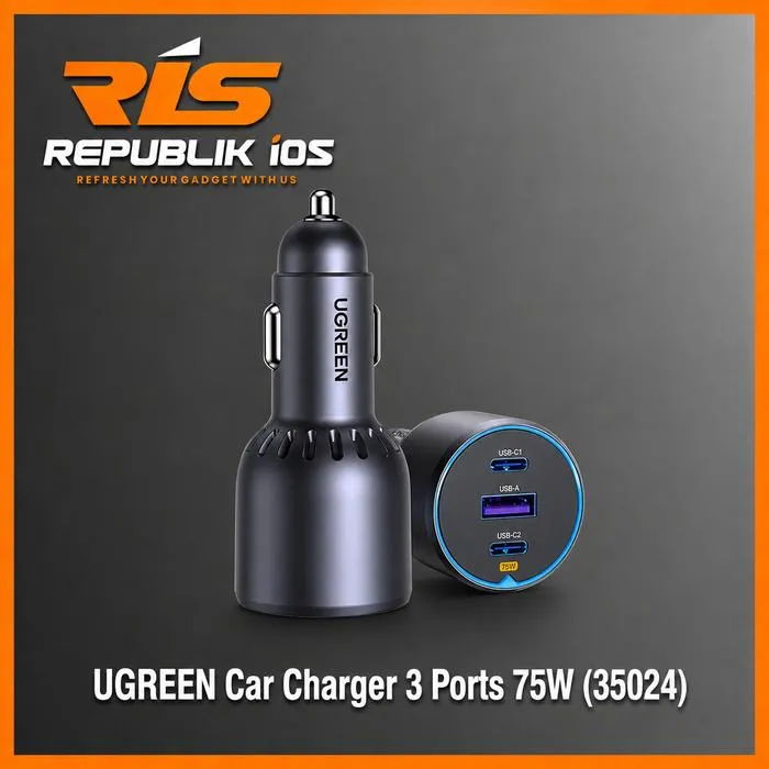 UGREEN Car Charger 75W Dual USB TYPE C + USB A QC PD 3.0 Super Fast Charging 3 Port Output