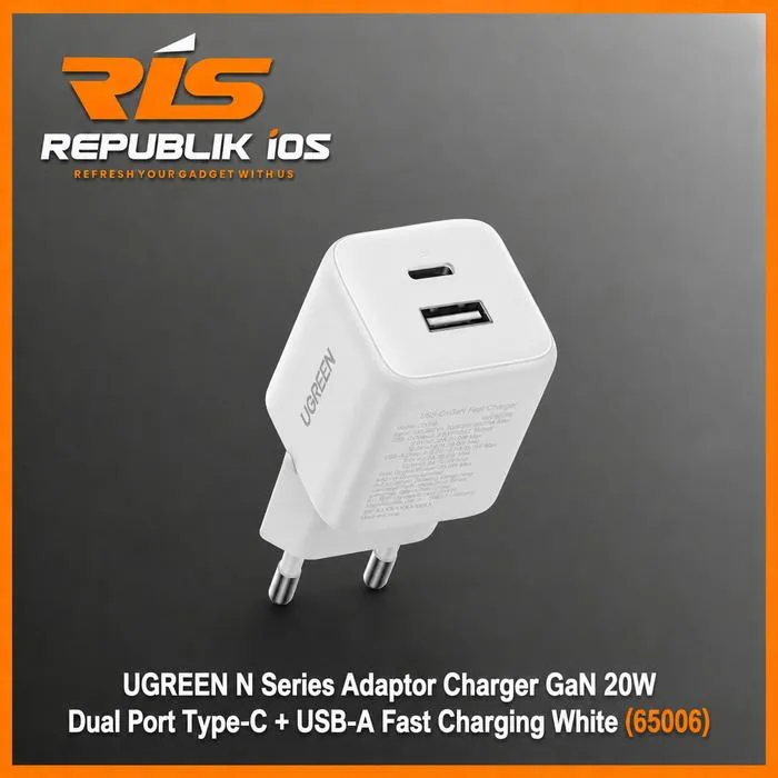UGREEN N Series Adaptor Charger GaN 20W Dual Port Type-C + USB-A Fast Charging White